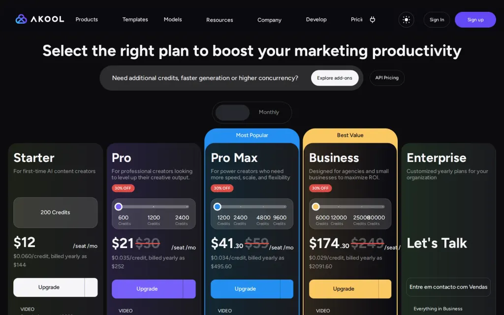 Akool's pricing page