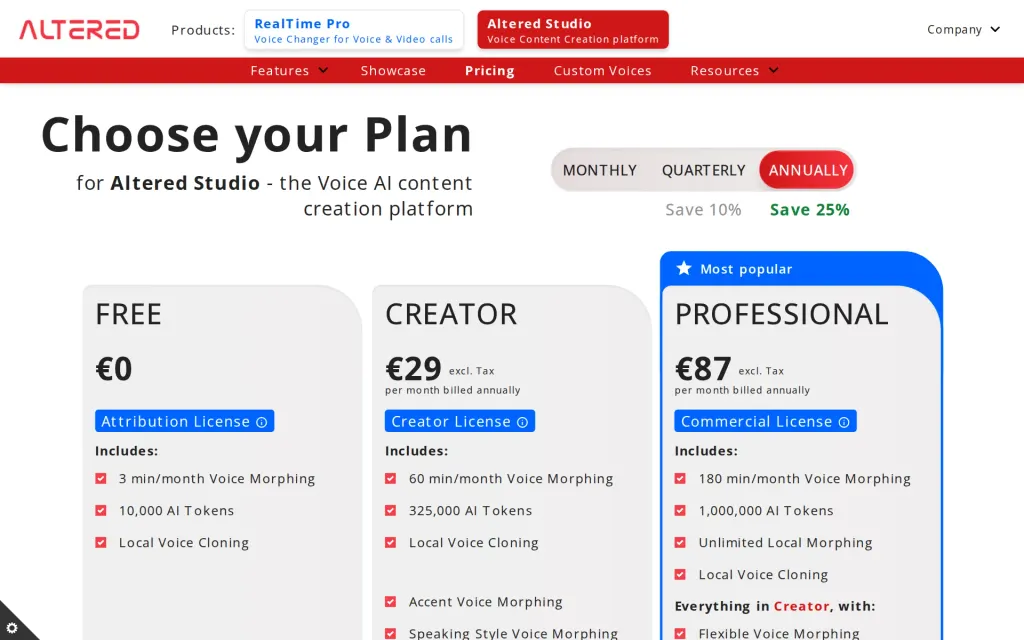 Altered Studio's pricing page