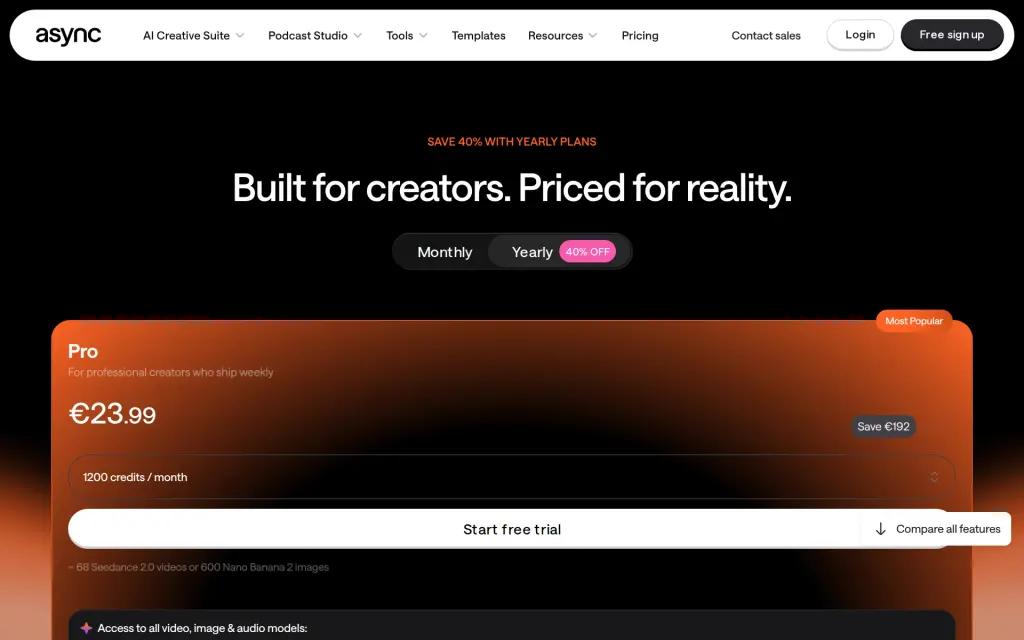 Async's pricing page