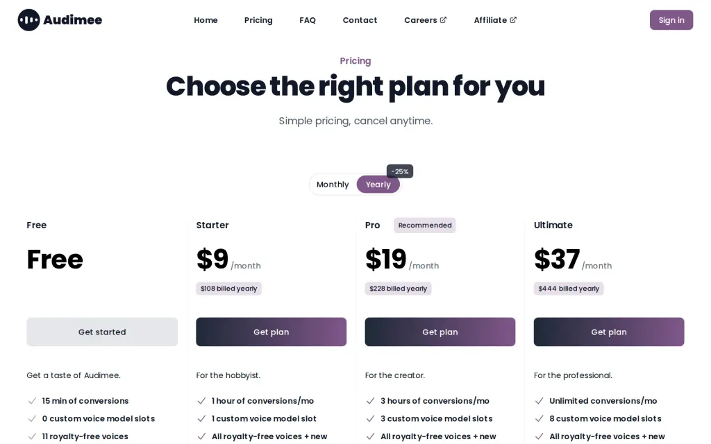 Audimee's pricing page