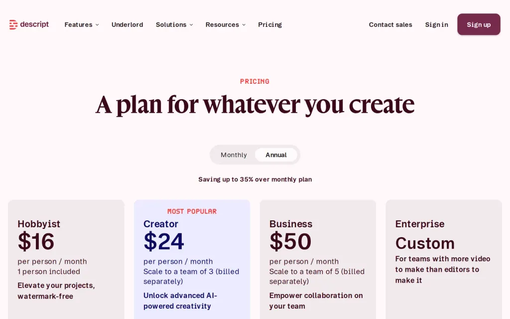 Descript's pricing page
