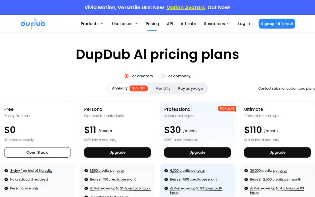 DupDub's pricing page