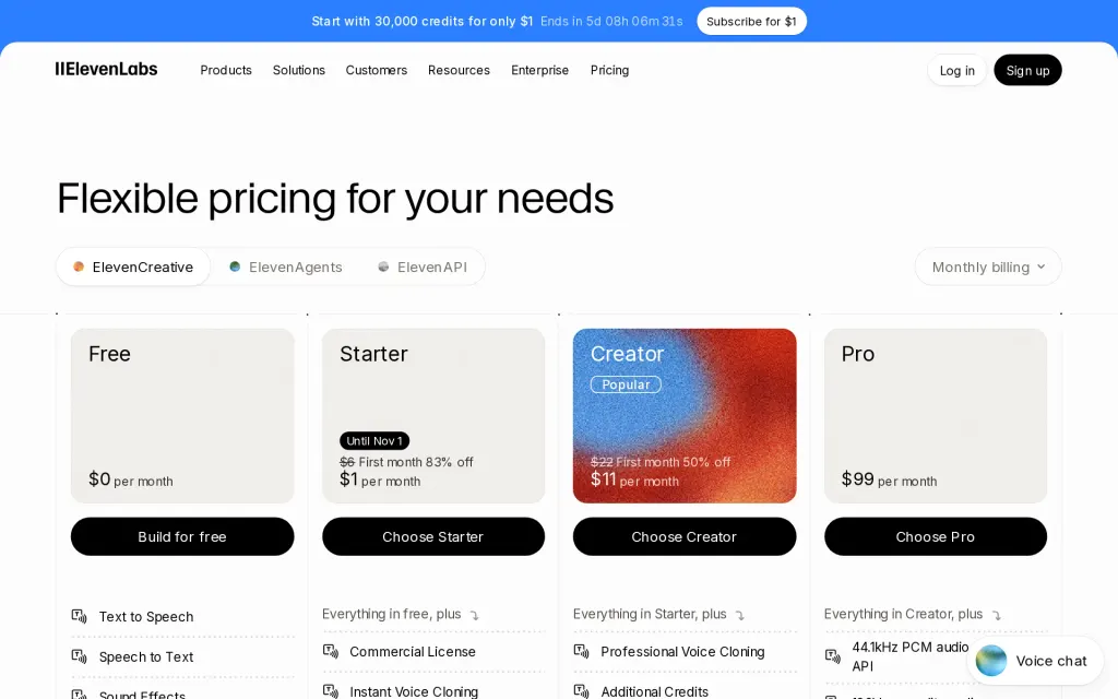 ElevenLabs's pricing page