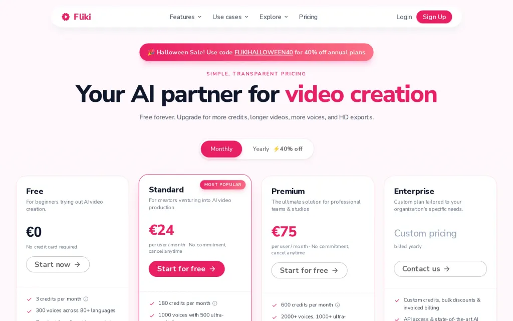 Fliki's pricing page