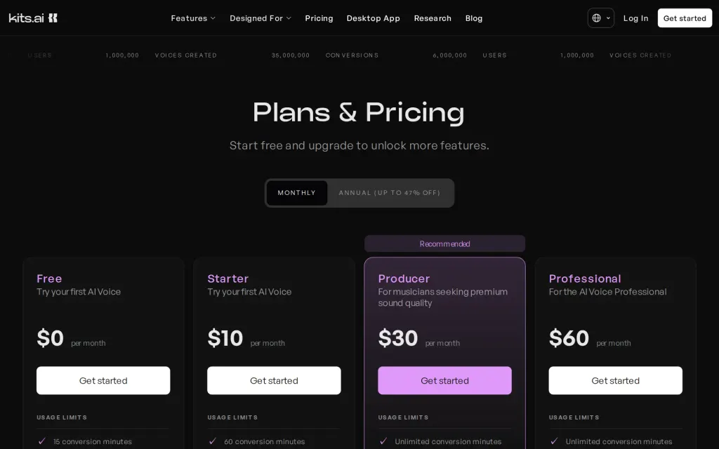 Kits AI's pricing page