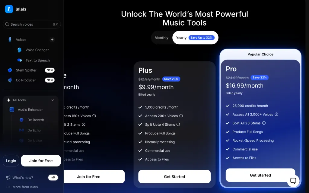 Lalals's pricing page
