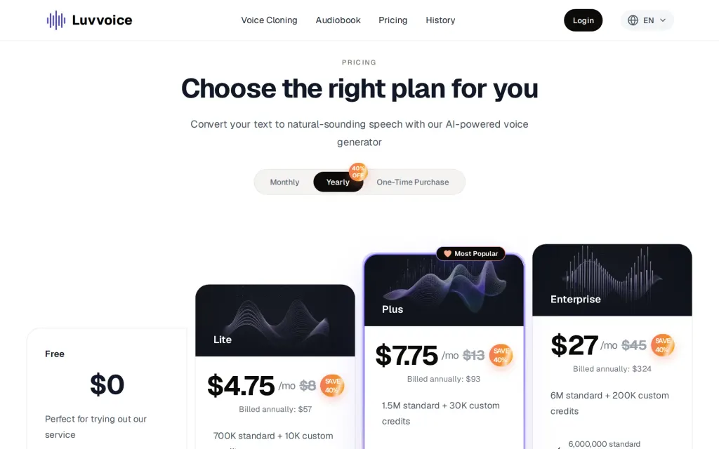 Luvvoice's pricing page