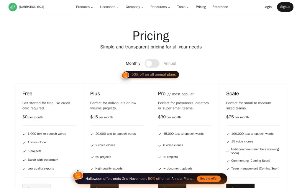 Narration Box's pricing page