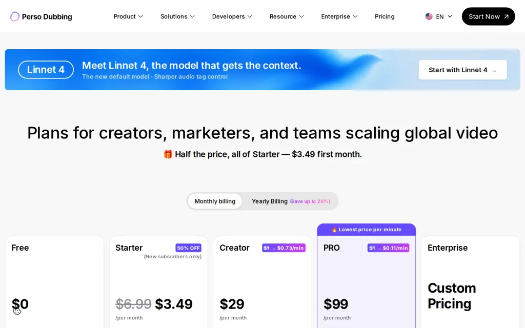 Perso Dubbing's pricing page