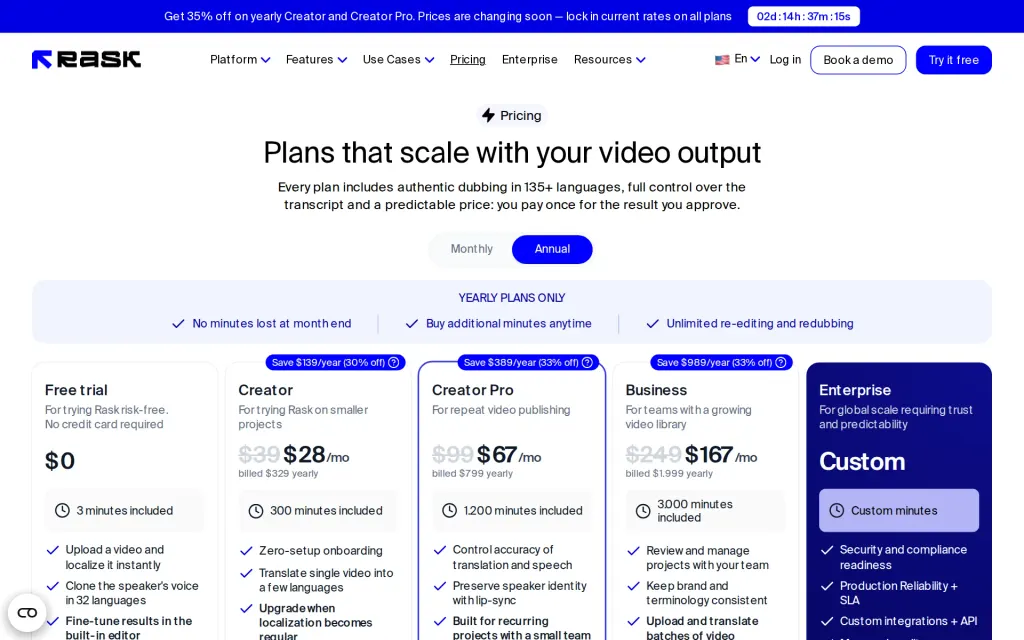 Rask AI's pricing page