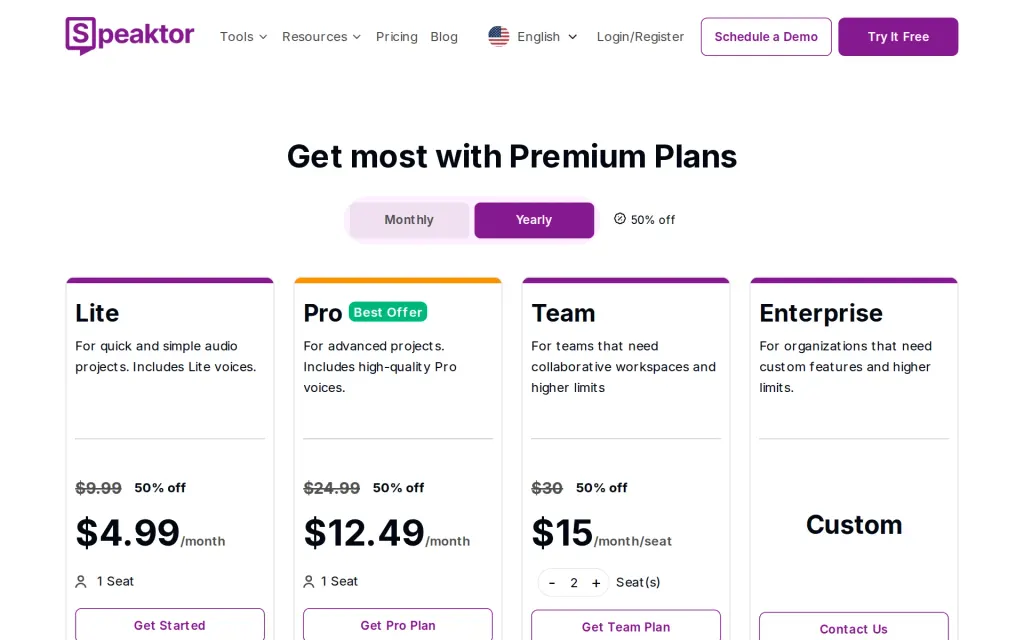 Speaktor's pricing page