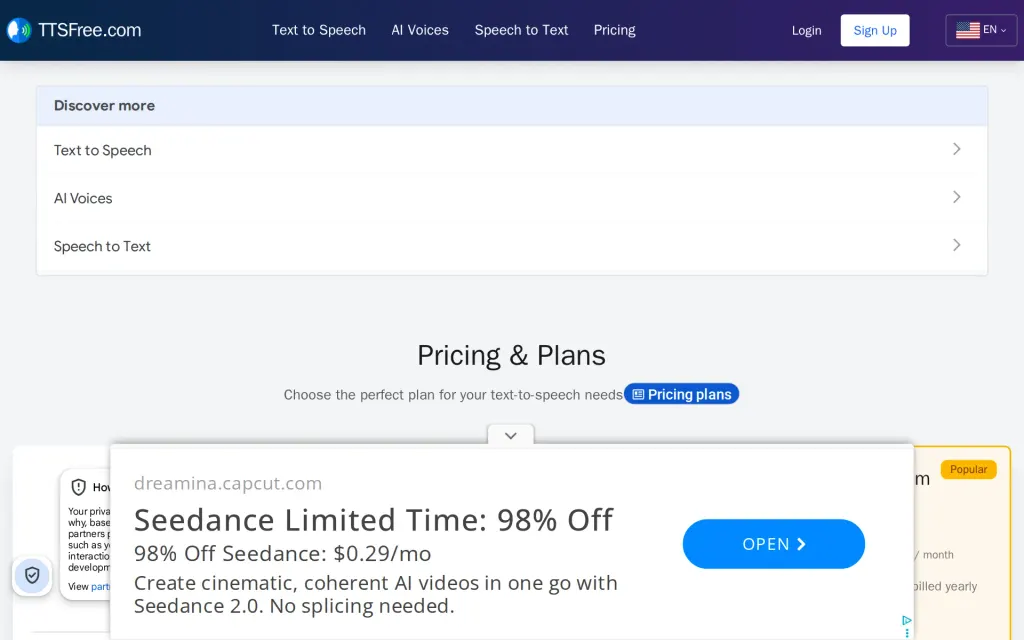TTSFree's pricing page