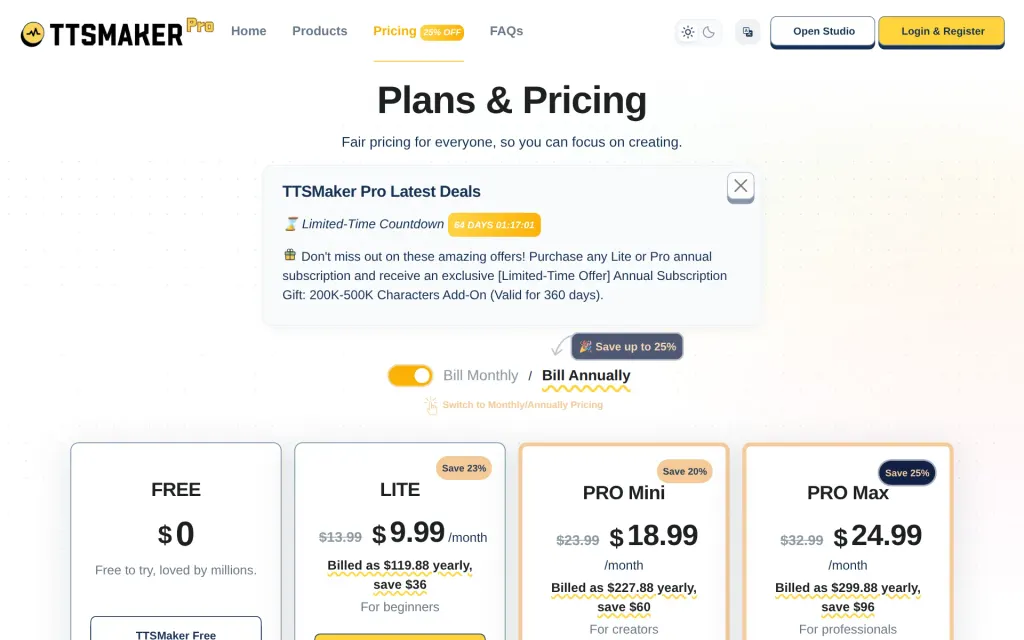 TTSMaker's pricing page