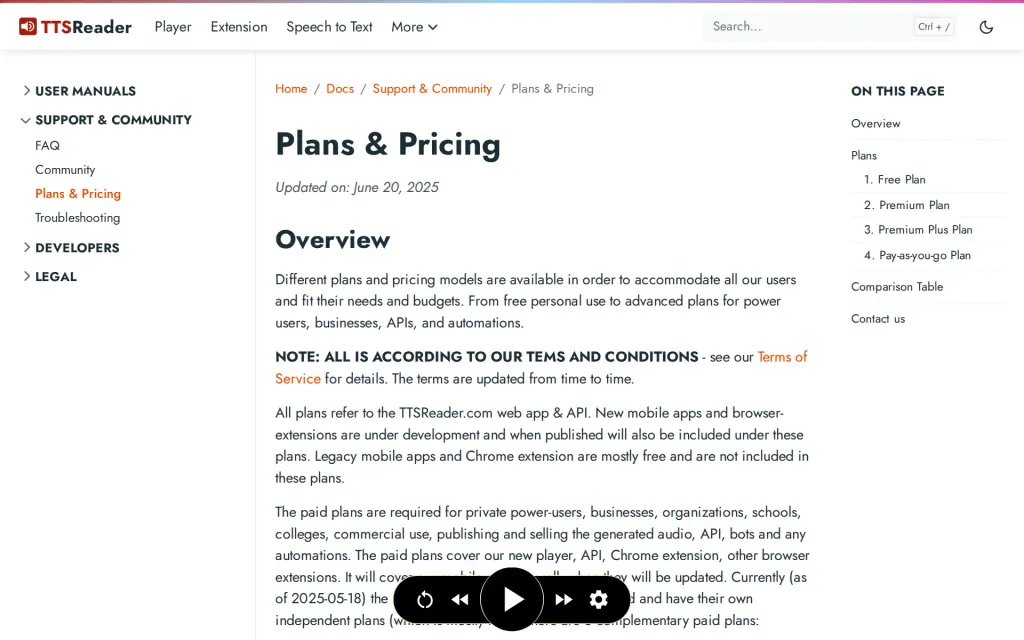 TTSReader's pricing page