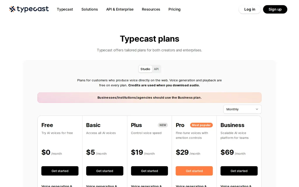 Typecast's pricing page
