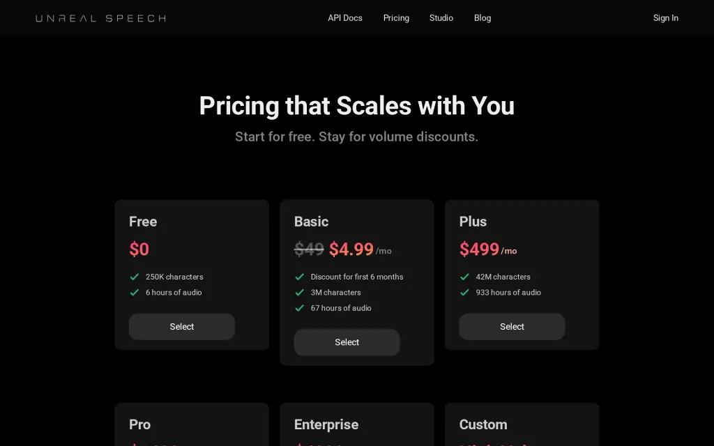 Unreal Speech's pricing page