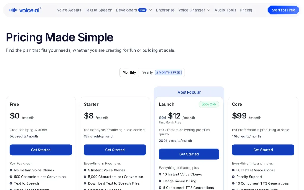 Voice.ai's pricing page