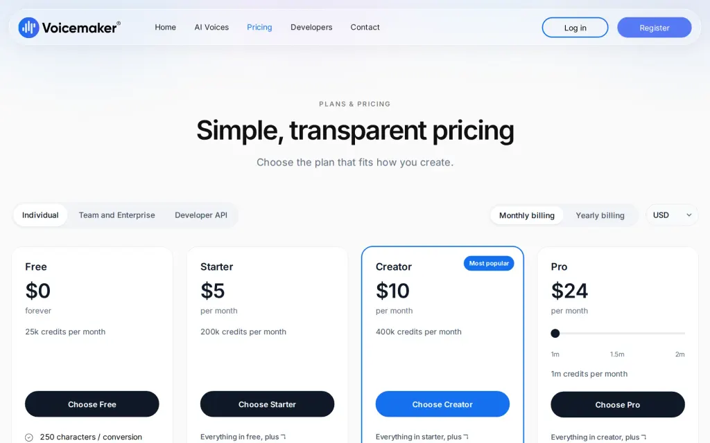 Voicemaker's pricing page