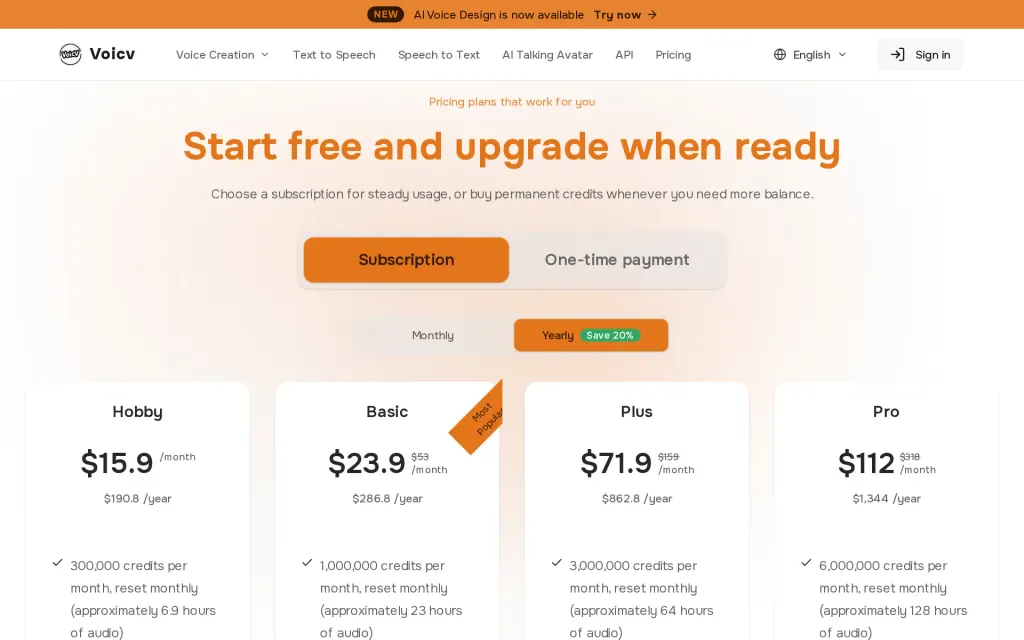 Voicv's pricing page