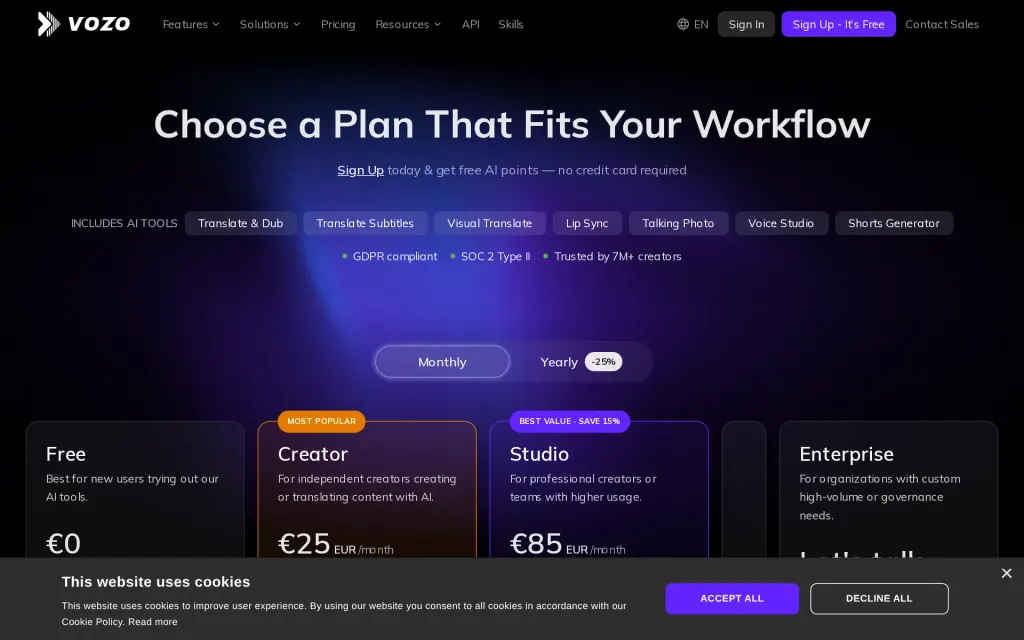 Vozo's pricing page