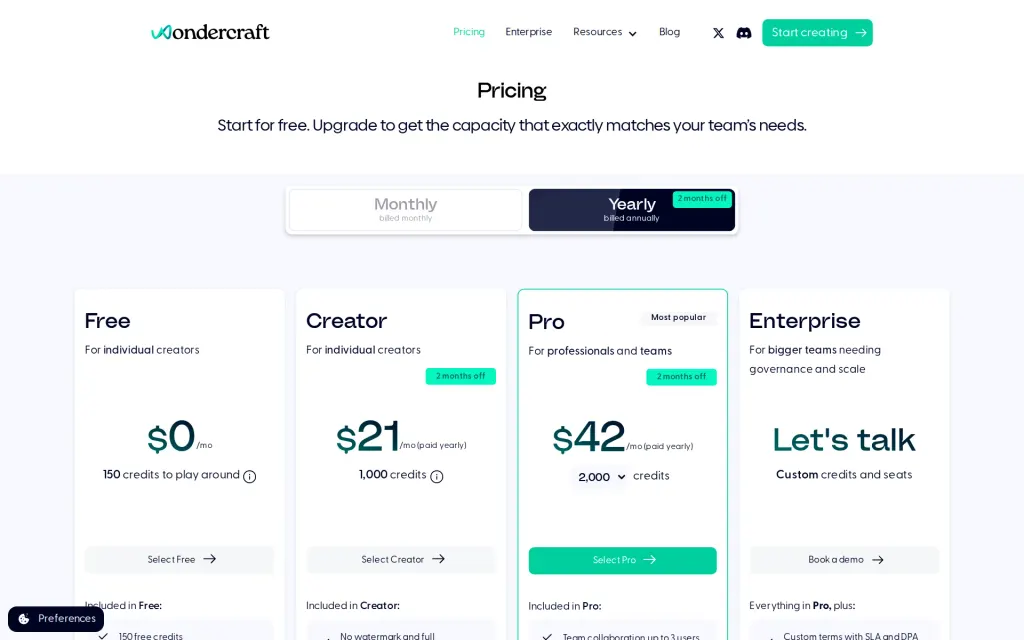 Wondercraft's pricing page
