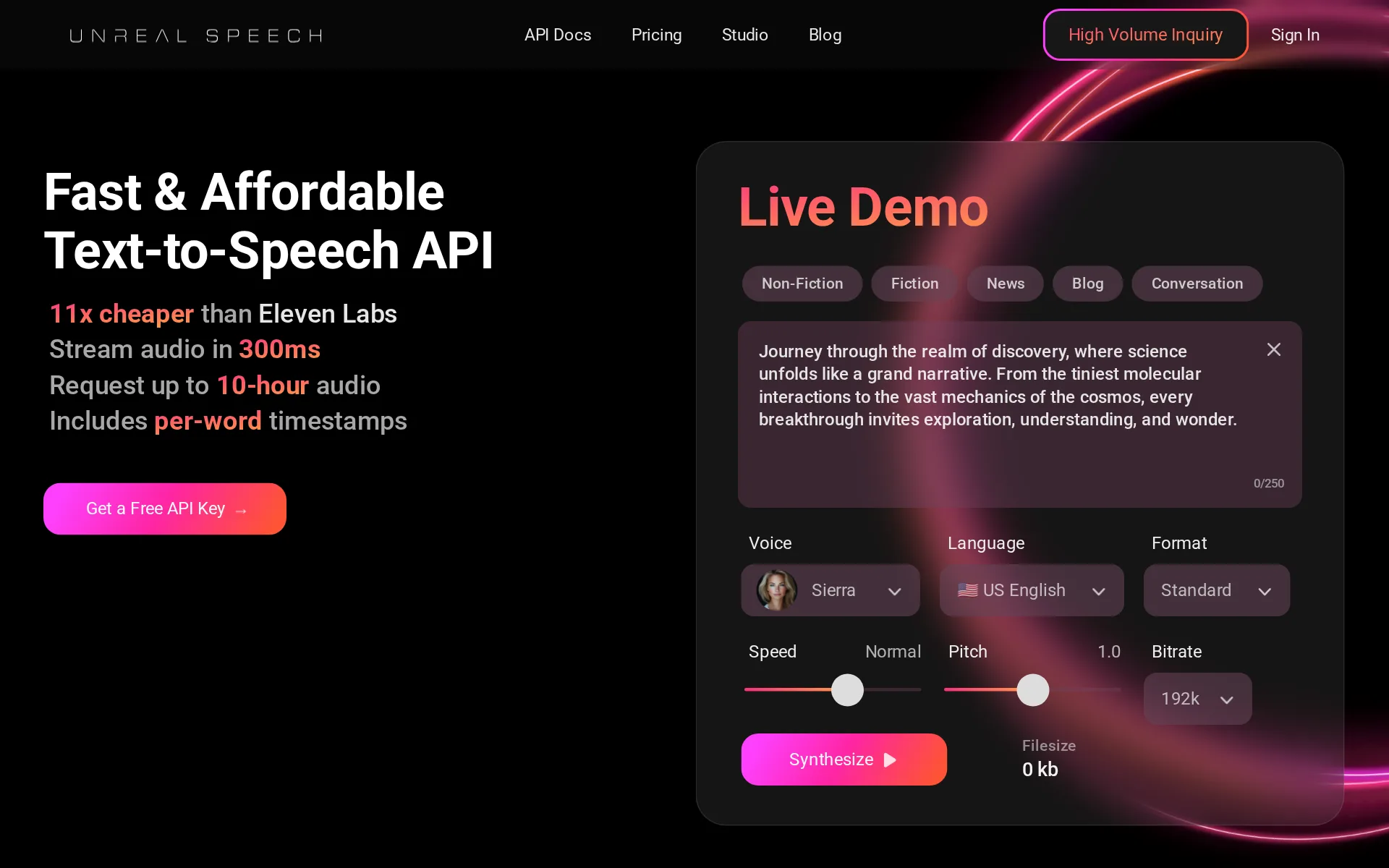 Screenshot of Unreal Speech
